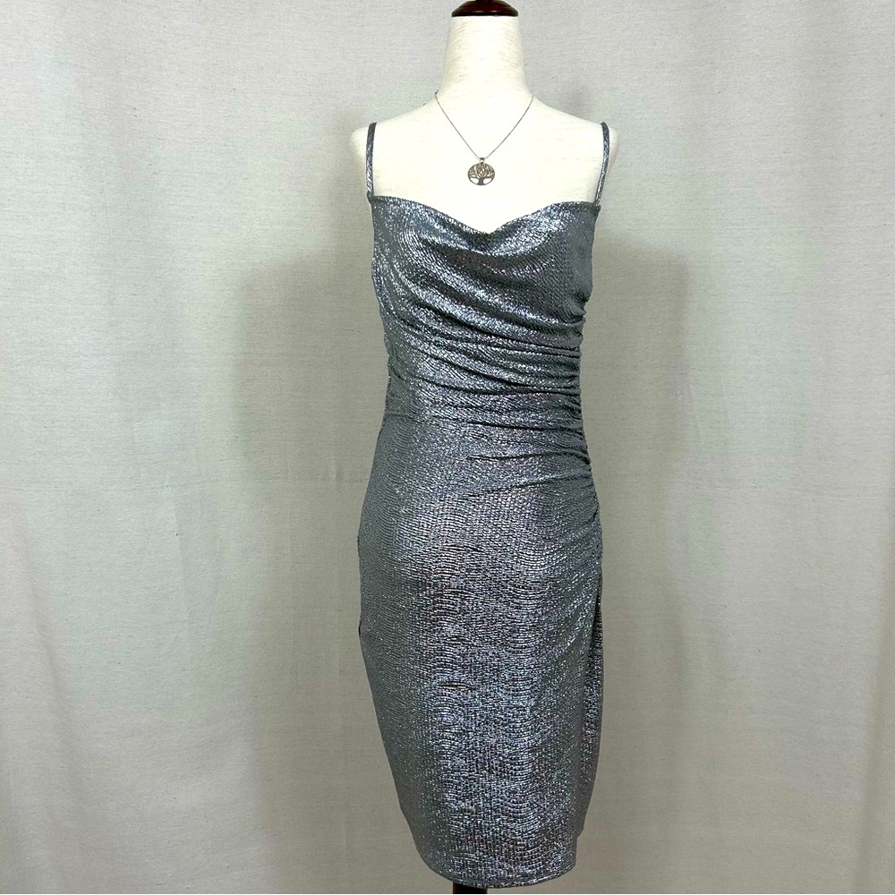 Silver Cowl Neck Spaghetti Strap Dress